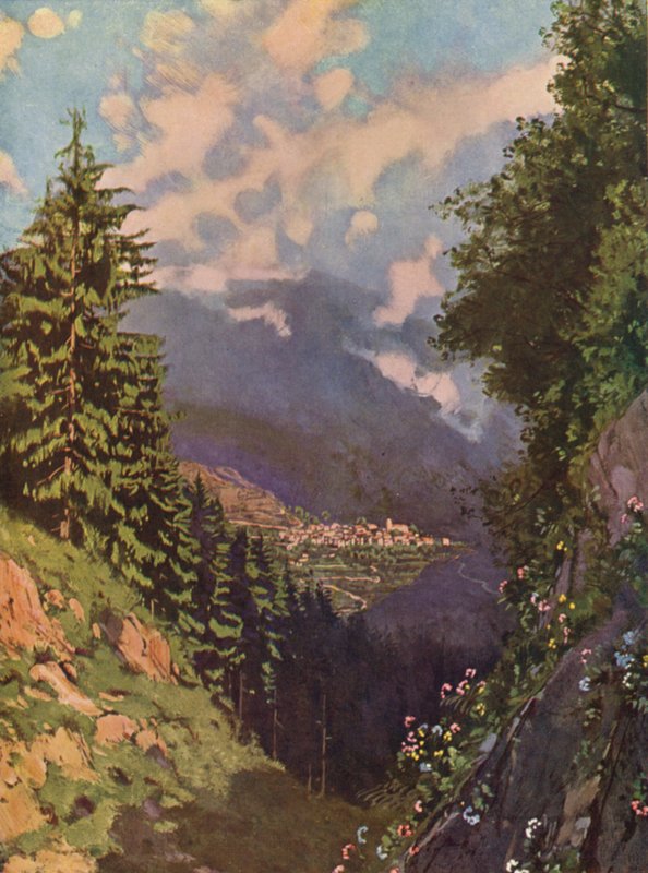 Saint-Martin-Vésubie, generell utsikt (fargelitografi) av European School