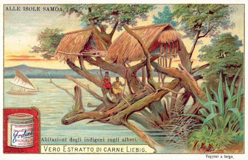Samoansk trehytte (chromolitho) av European School