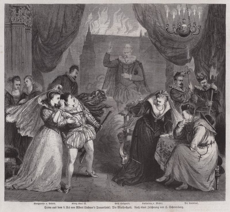 Scene fra akt III av den tyske dramatikeren Albert Lindners tragedie Die Bluthochzeit (Blodbryllupet) (gravering) av European School