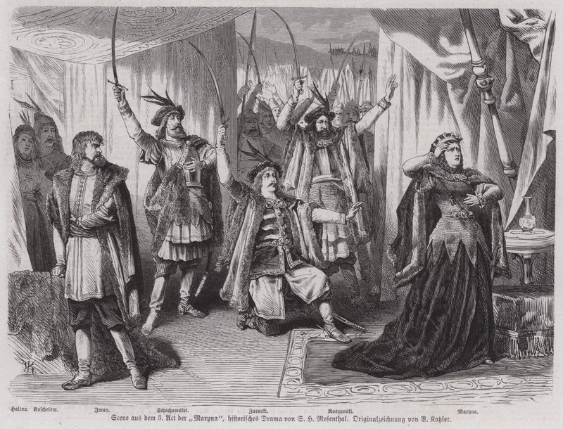 Scene fra akt III av den tyske dramatikeren Salomon Hermann Mosenthals historiske drama Maryna (gravering) av European School