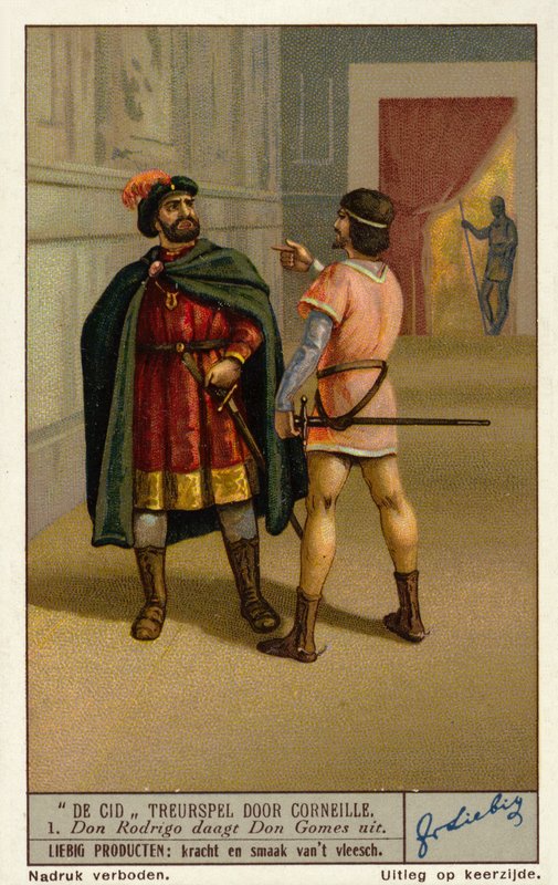 Scene fra den franske dramatikeren Paul Corneilles tragedie Le Cid: Don Rodrigue utfordrer Don Gomes, far til Chimene (chromolitho) av European School