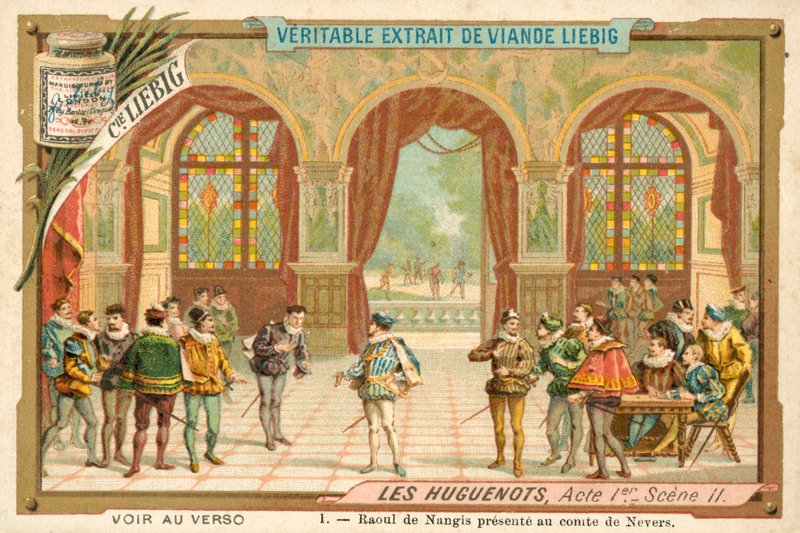 Scene fra Giacomo Meyerbeers opera Les Huguenots (chromolitho) av European School