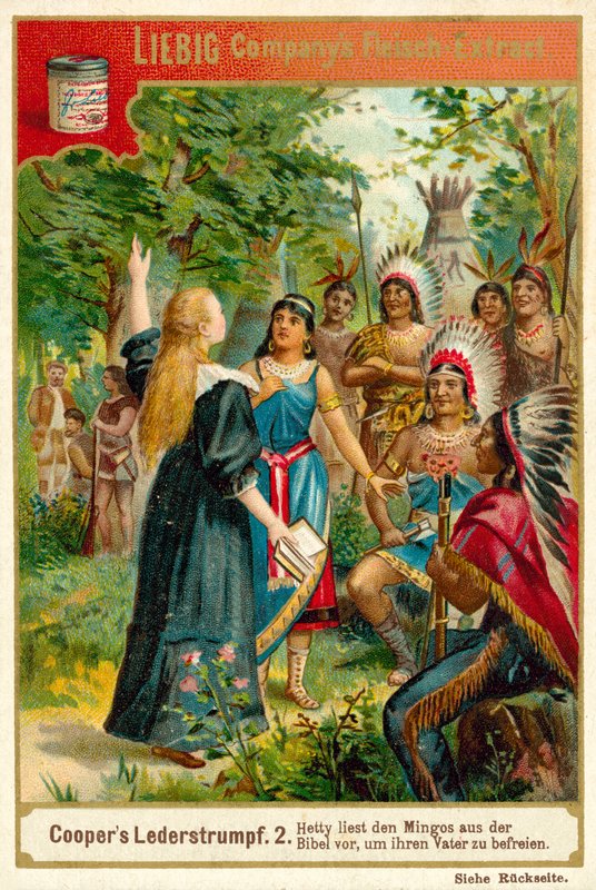 Scene fra The Deerslayer, av James Fenimore Cooper (chromolitho) av European School
