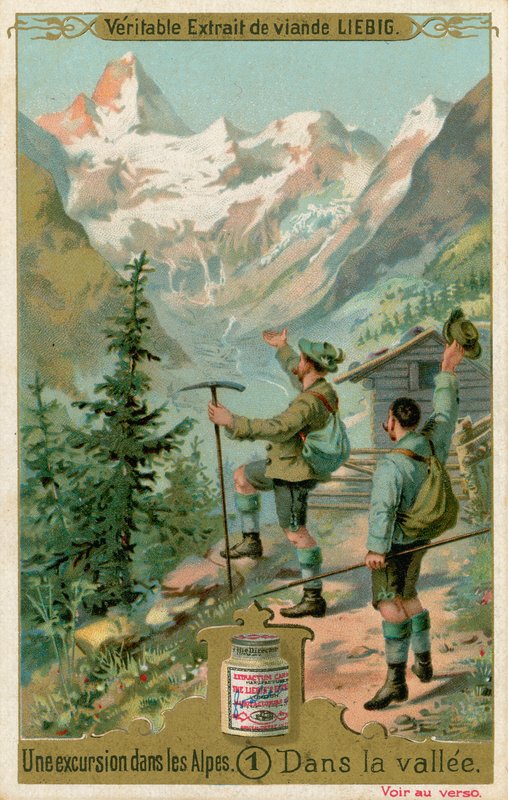 Scene fra en utflukt i Alpene: i dalen (chromolitho) av European School