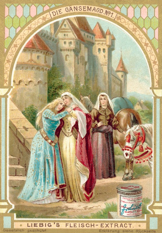 Scene fra Brødrene Grimm-eventyret Gåsepiken (chromolitho) av European School