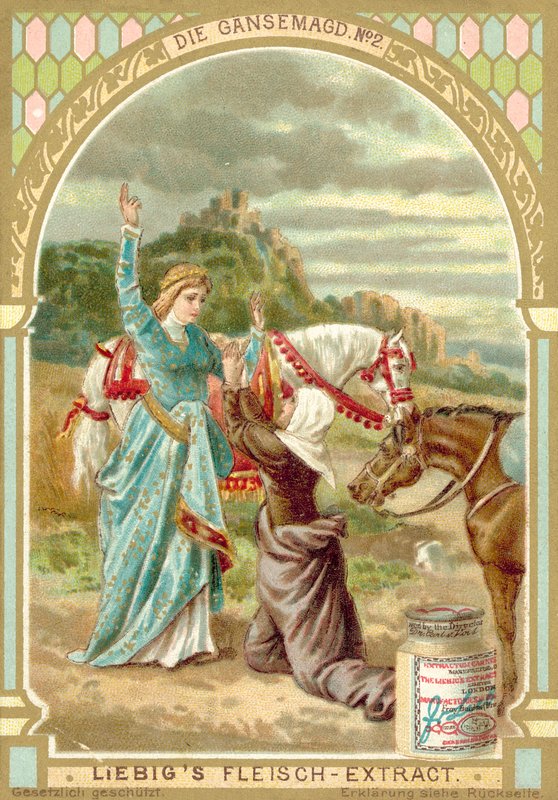Scene fra Brødrene Grimm-eventyret Gåsepiken (chromolitho) av European School