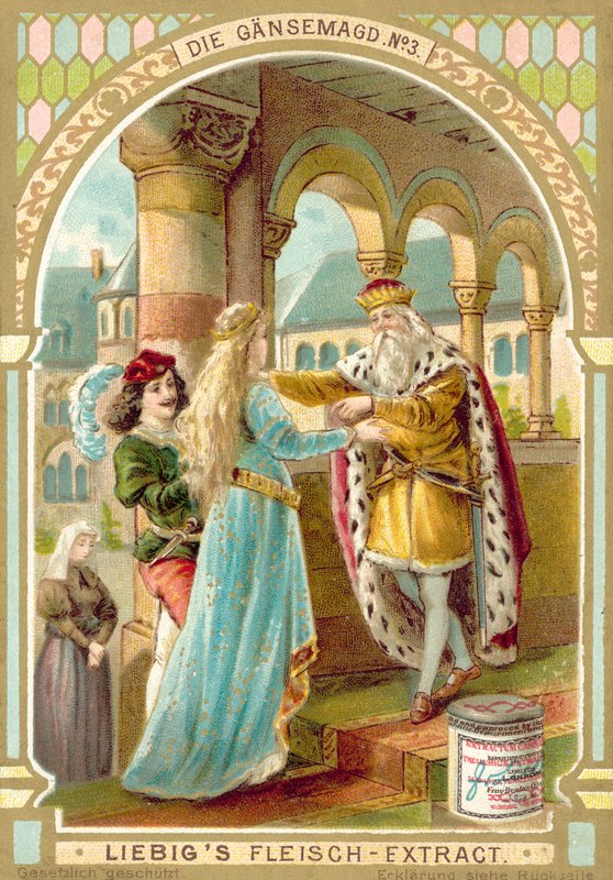 Scene fra Brødrene Grimm-eventyret Gåsepiken (chromolitho) av European School