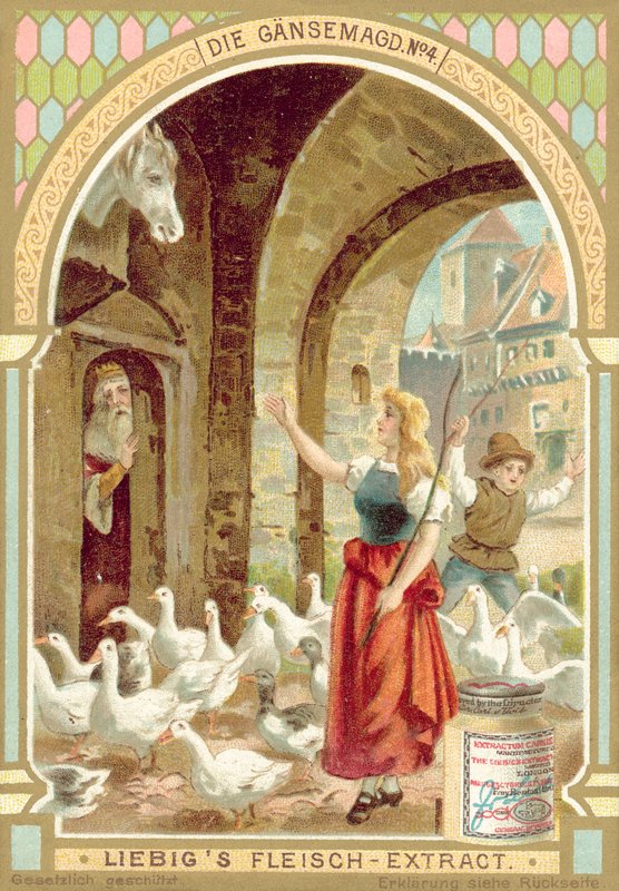 Scene fra Brødrene Grimm-eventyret Gåsepiken (chromolitho) av European School