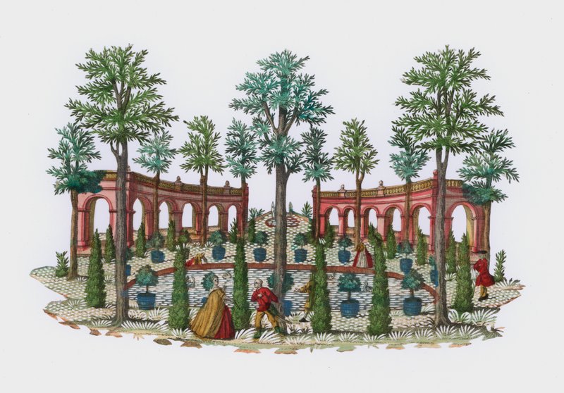 Scene i en italiensk hage (farget gravering) av European School