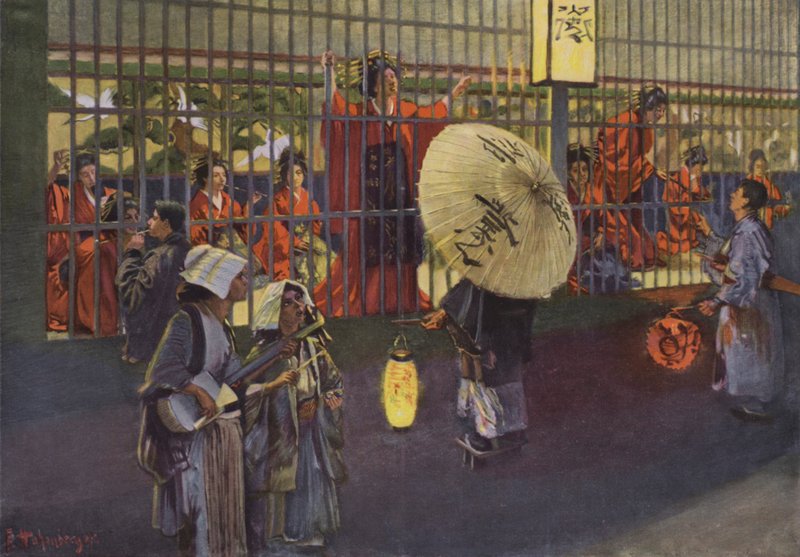 Scene i Yoshiwara-distriktet i Tokyo, Japan (fargelitografi) av European School