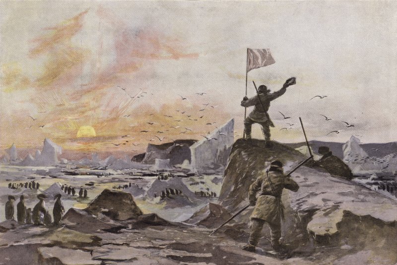 Den skotske oppdageren Thomas Simpson oppdager Victoria Land i det kanadiske arktiske området, september 1838 (farge litho) av European School