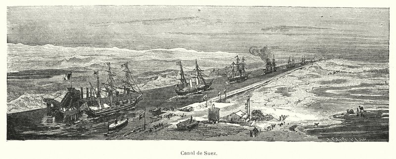 Skip som passerer gjennom Suez-kanalen, Egypt (litho) av European School