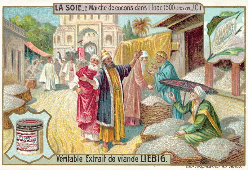 Silkekokongmarked i India, 500 f.Kr. (chromolitho) av European School