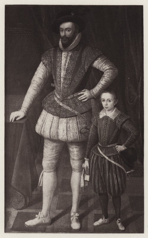 Sir Walter Raleigh og hans sønn (litho) av European School
