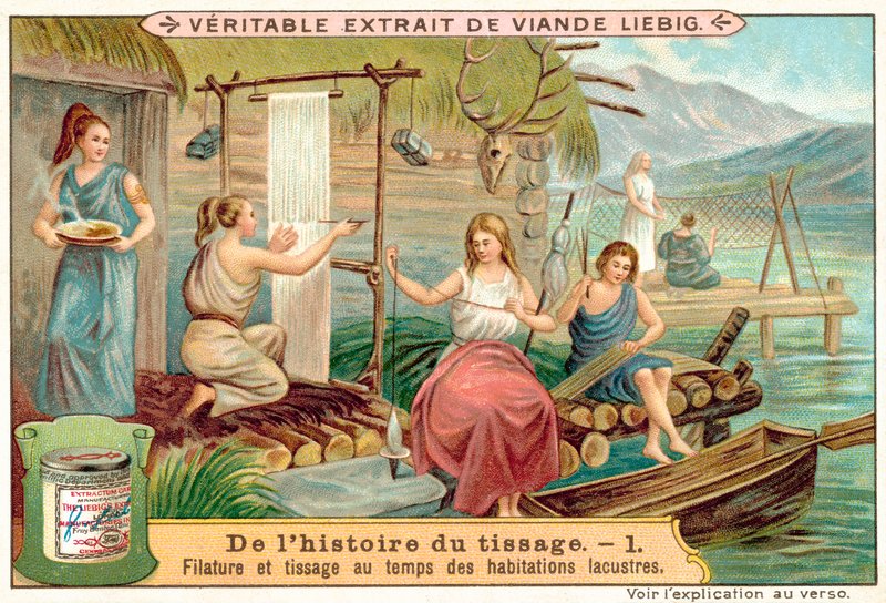 Spinning og veving i en gammel landsby ved innsjøen (chromolitho) av European School