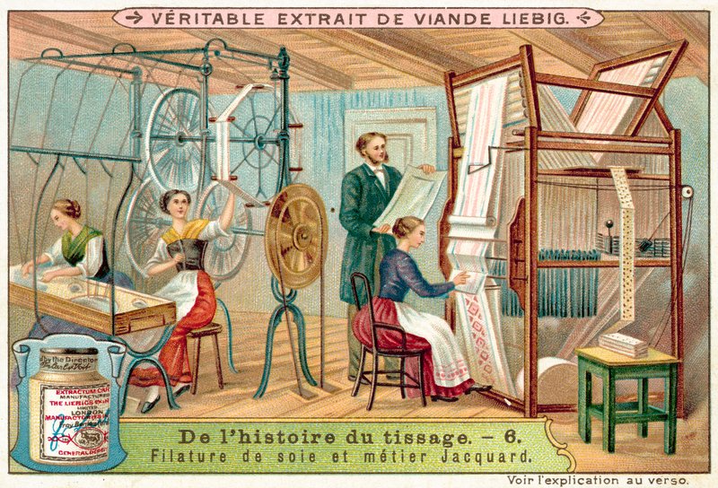 Spinnende silke og en jacquardvevstol (chromolitho) av European School