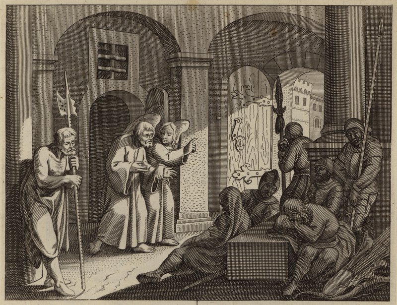 St Peter befridd fra fengselet av en engel (gravering) av European School