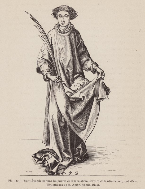 St Stephen bærer en martyrs palmeblad og steinene som ble brukt i hans martyrium (gravering) av European School
