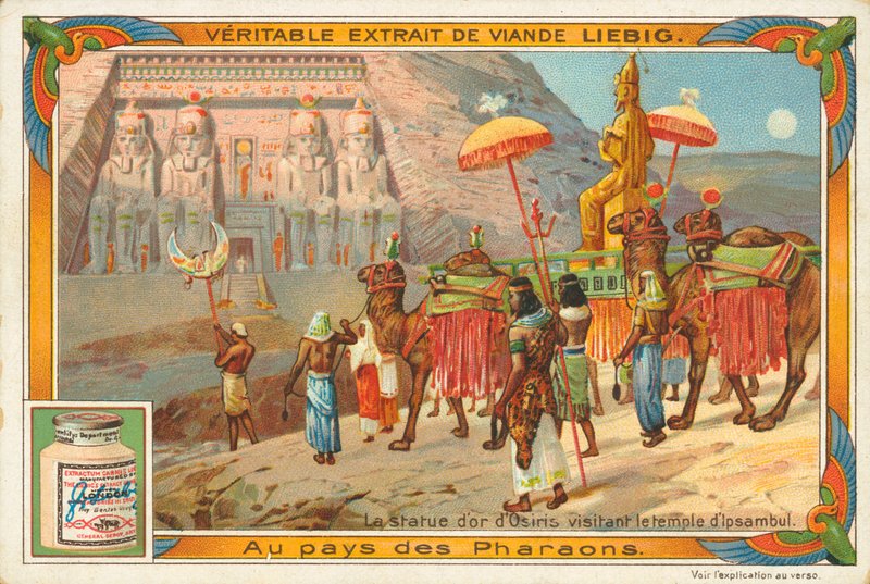Statue av Osiris som besøker Ipsambul-tempelet, Liebig-kort, tidlig på 1900-tallet (kromo) av European School
