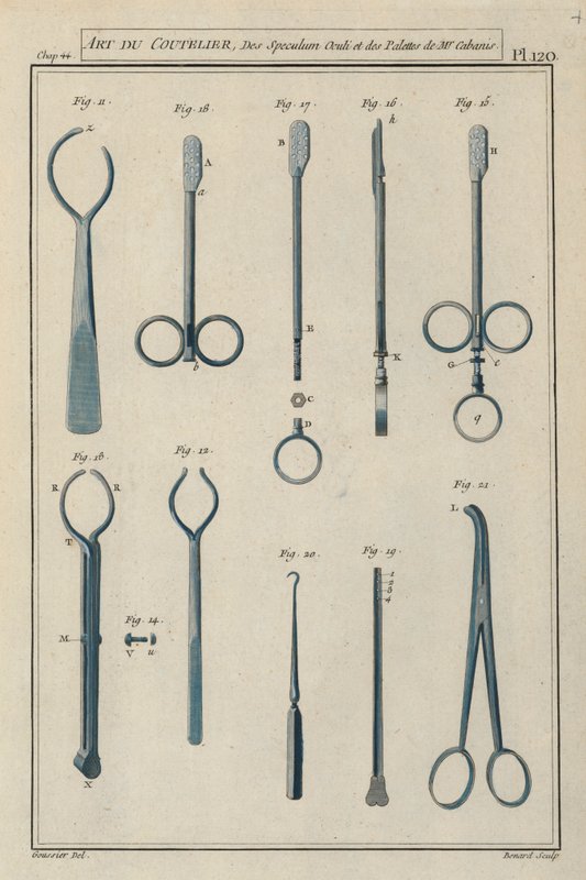 Kirurgiske instrumenter brukt av den franske kirurgen Pierre Jean Georges Cabanis (farget gravering) av European School