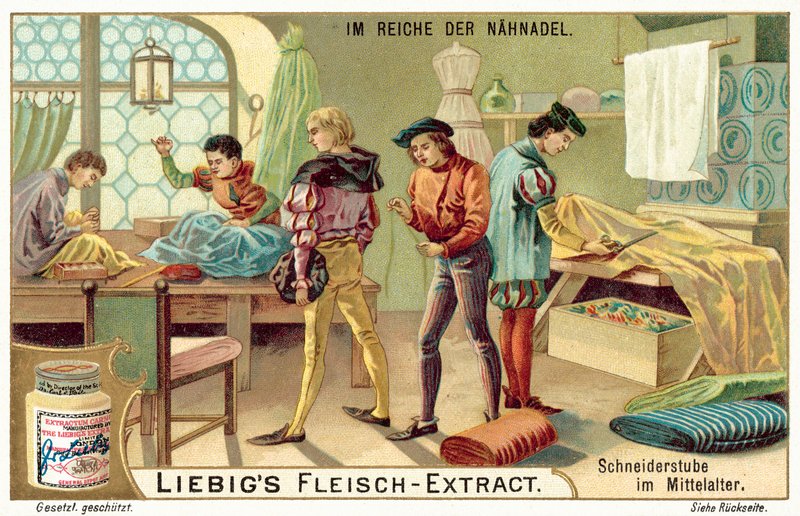 Skredderverksted i middelalderen (chromolitho) av European School
