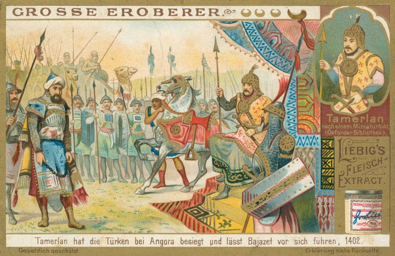 Tamburlaine erobrer Bajazeth, Liebig-kort, tidlig på 1900-tallet (kromo) av European School