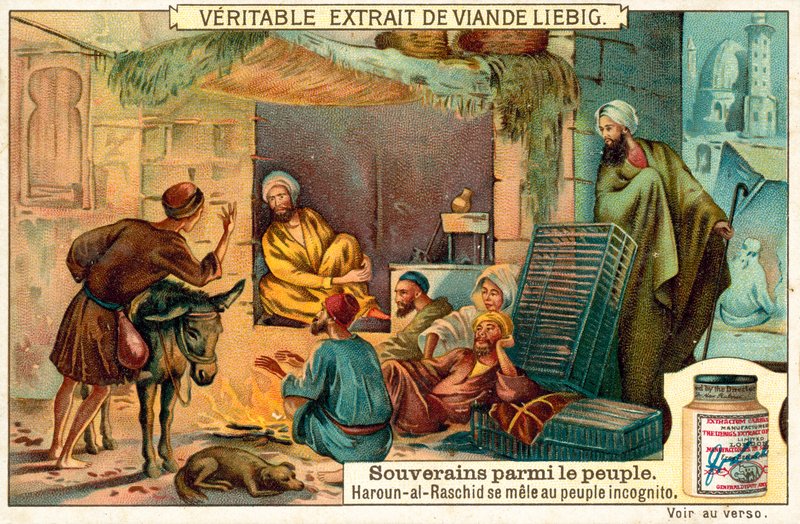 Den abbasidiske kalifen Harun al-Rashid blander seg med folket sitt inkognito (chromolitho) av European School