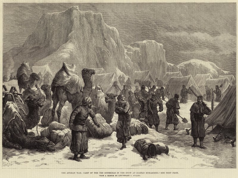 Den afghanske krigen, Camp of the 3rd Goorkhas in the Snow at Sultan Mohammed (gravering) av European School