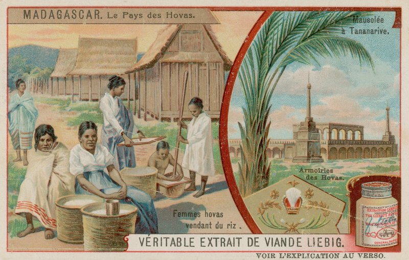 The Land of the Hova: Kvinner som selger ris, mausoleet ved Antananarivo og Hovas våpenskjold av European School