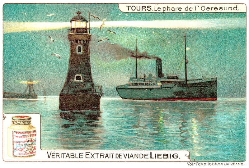 Fyret i Øresund, mellom Danmark og Sverige (chromolitho) av European School