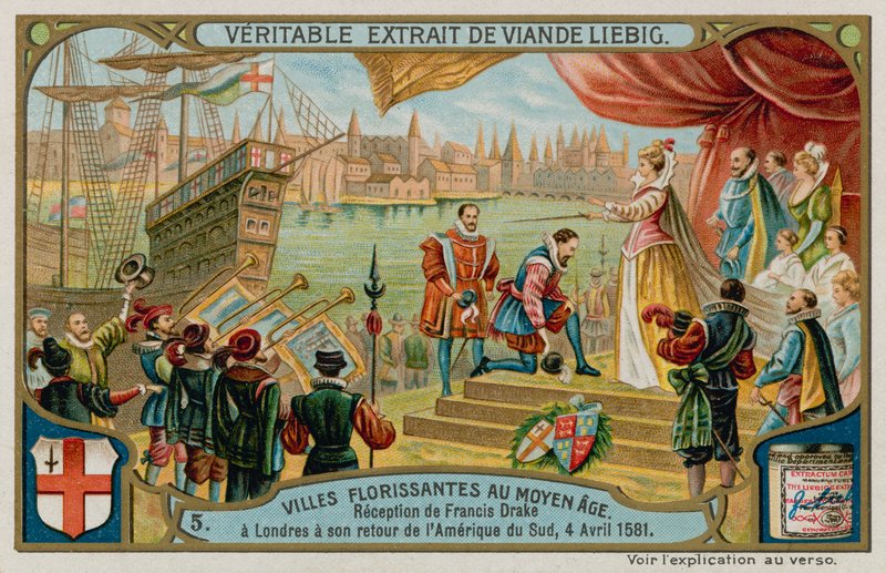 Mottakelsen av Francis Drake til London fra Sør-Amerika i 1581 (chromolitho) av European School