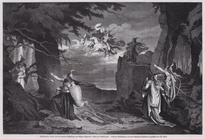 The Ride of the Valkyries, scene fra Die Walkure, den andre operaen av Richard Wagners Der Ring des Nibelungen, fremført på Nationaltheatret, München (gravering) av European School