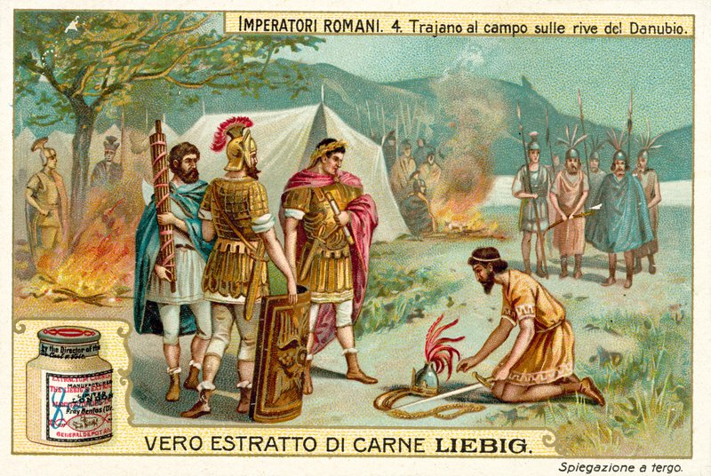 Den romerske keiseren Trajan slo leir ved bredden av Donau (chromolitho) av European School