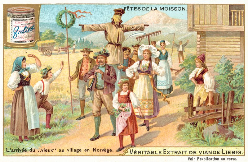Ankomsten av den "gamle mannen" til en landsby i Norge (chromolitho) av European School