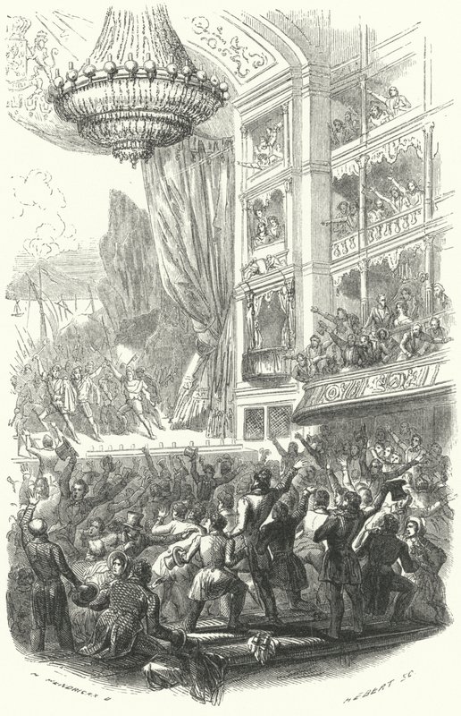 Begynnelsen på den belgiske revolusjonen: fremføring av Daniel Aubers opera La Muette de Porcini ved Theatre de la Monnaie i Brussel, 25. august 1830 (gravering) av European School