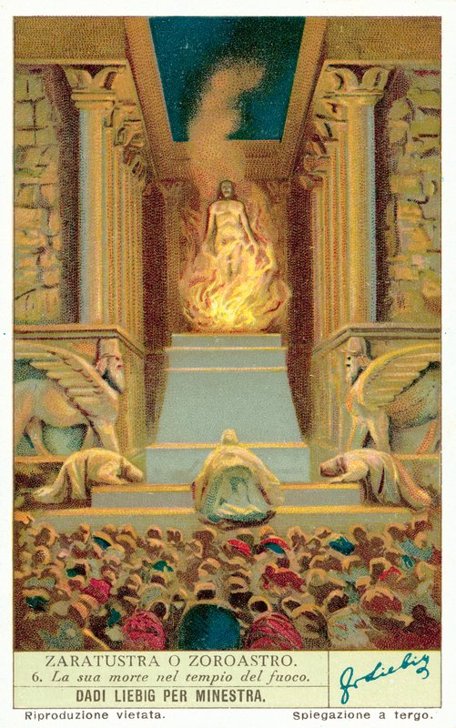 Zoroasters død i ildtempelet (chromolitho) av European School
