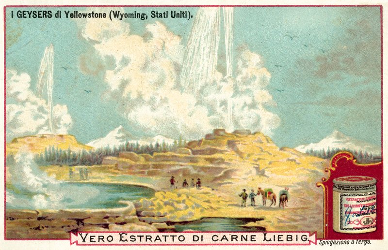 Geysirene i Yellowstone nasjonalpark, Wyoming, USA (chromolitho) av European School