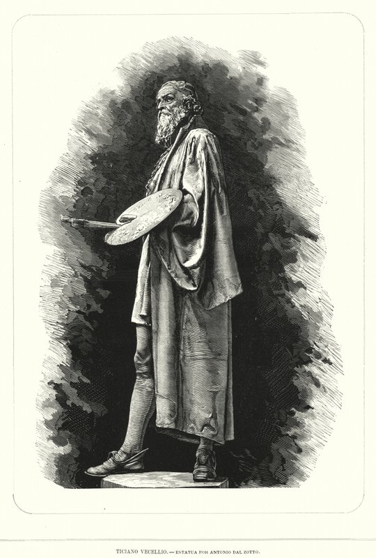 Titian, italiensk renessansekunstner, statue av Antonio Dal Zotto (litho) av European School