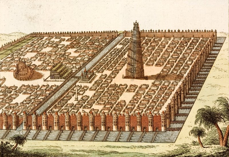 Tower of Babel, Royal Palace and Hanging Gardens of Bablyon (farget gravering) av European School