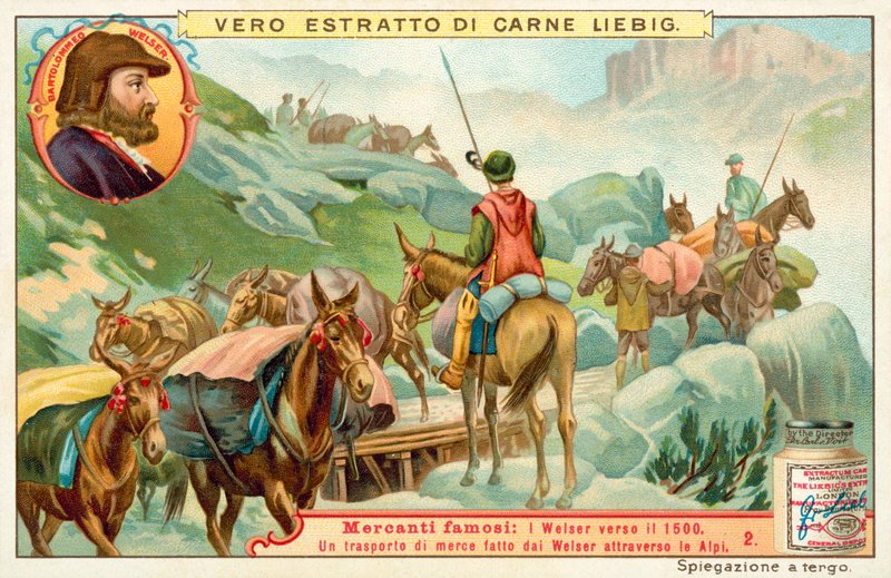 Transport av varer laget av Bartolomeus Welser over Alpene (chromolitho) av European School
