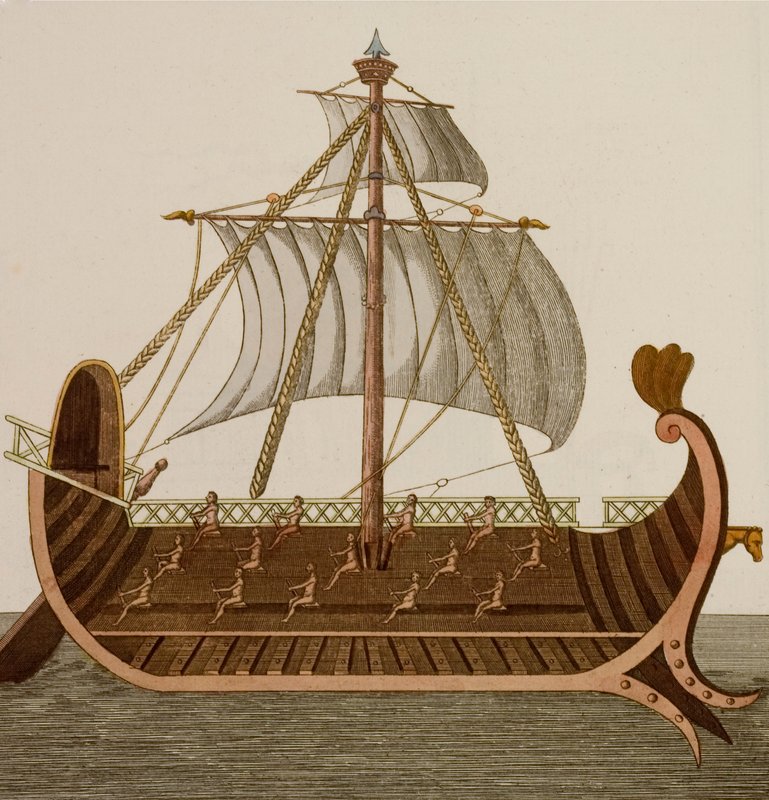 Trireme, krigsskip brukt av de gamle fønikerne, grekerne og romerne (farget gravering) av European School