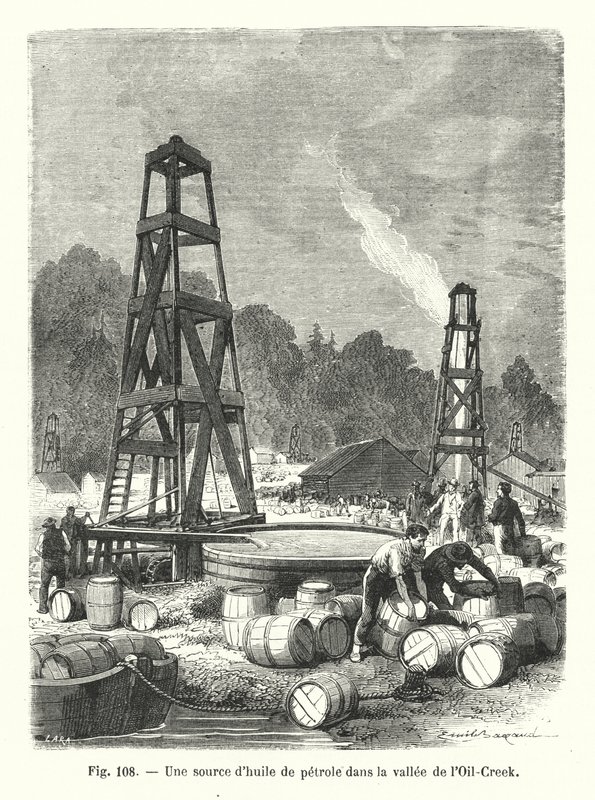 En kilde til petroleumsolje i Oil-Creek-dalen (gravering) av European School
