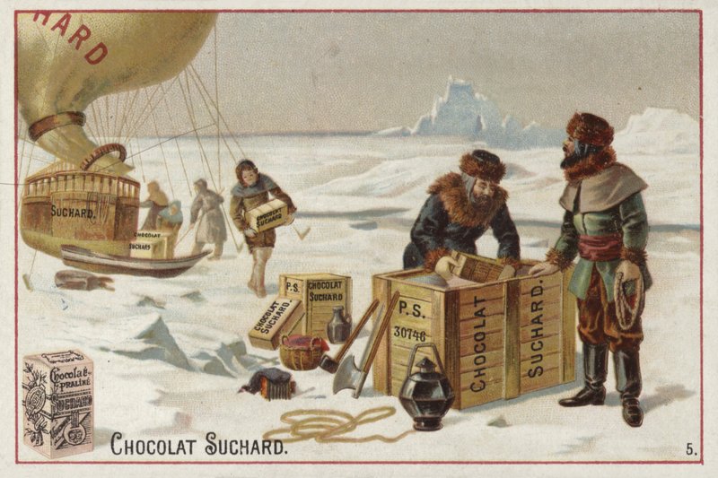 Lossing av kasser med Suchard-sjokolade fra en ballong i Arktis av European School