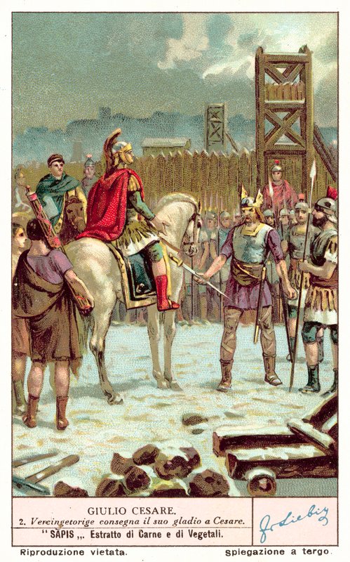 Vercingetorix overga sverdet sitt til Julius Caesar etter beleiringen av Alesia, 52 f.Kr. (chromolitho) av European School