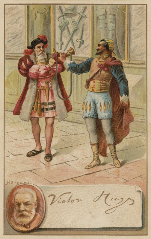 Victor Hugo, fransk forfatter, og en scene fra skuespillet hans Hernani (1830) av European School