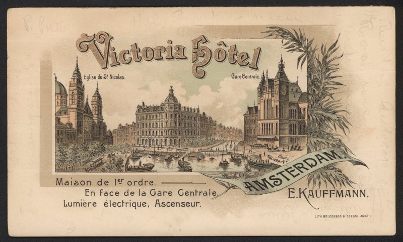 Victoria Hotel, Amsterdam (farget gravering) av European School