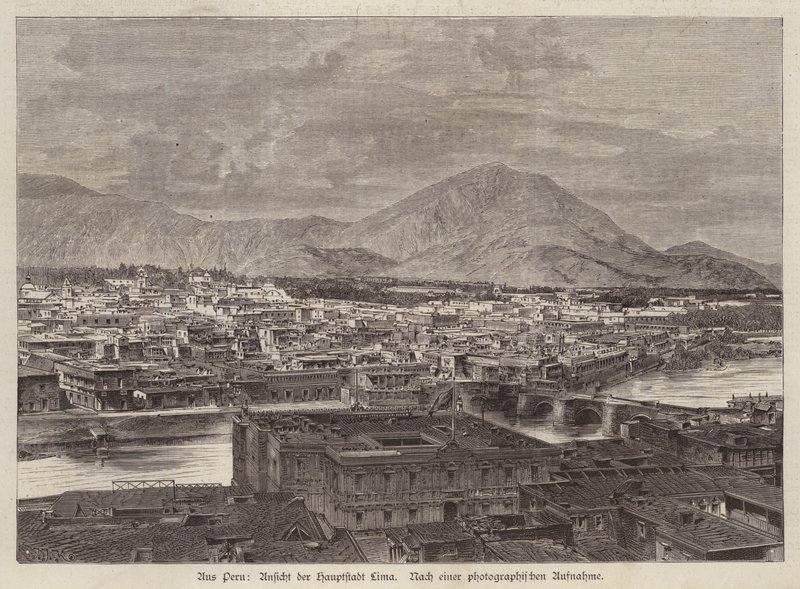 Utsikt over Lima, Peru (gravering) av European School
