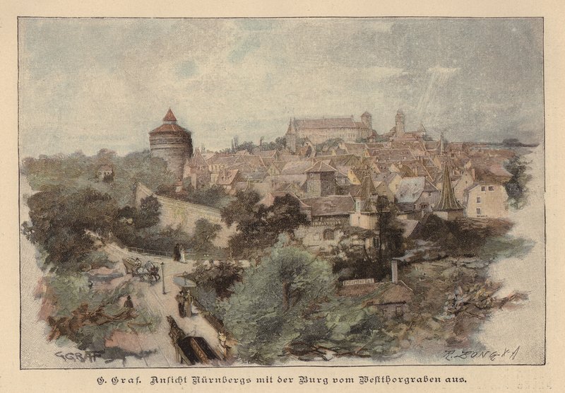Utsikt over Nürnberg og slottet, Tyskland (farget gravering) av European School