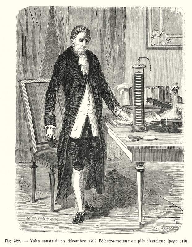 Volta bygde i desember 1799 elektromotoren eller det elektriske batteriet (gravering) av European School