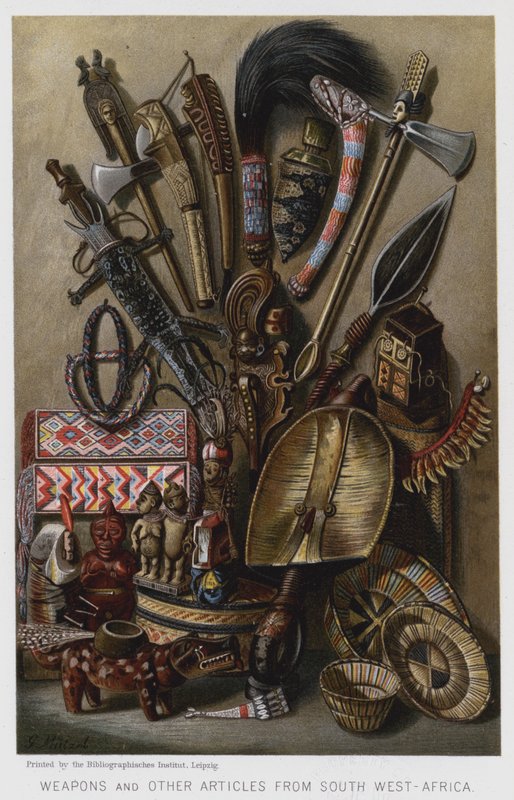 Våpen og andre artikler fra Sørvest-Afrika (chromolitho) av European School